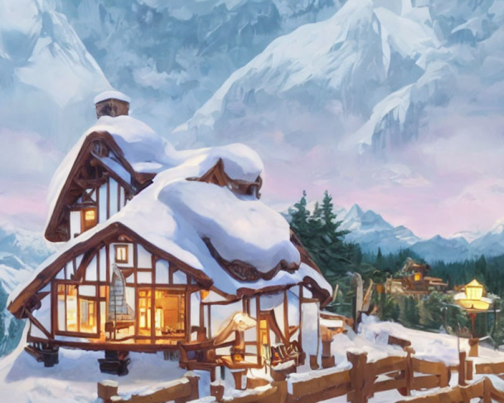 Snowy Mountain Chalet with Glowing Windows in Twilight