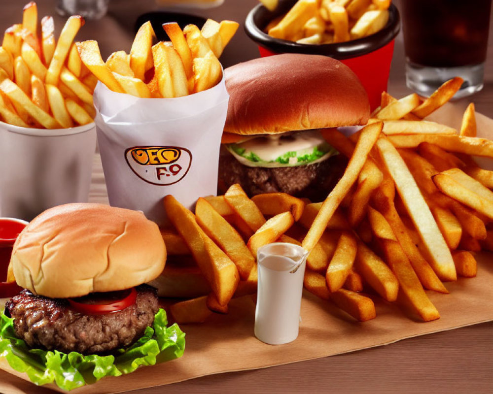 Succulent burger with lettuce and cheese, golden fries, extra fries, and dipping sauce