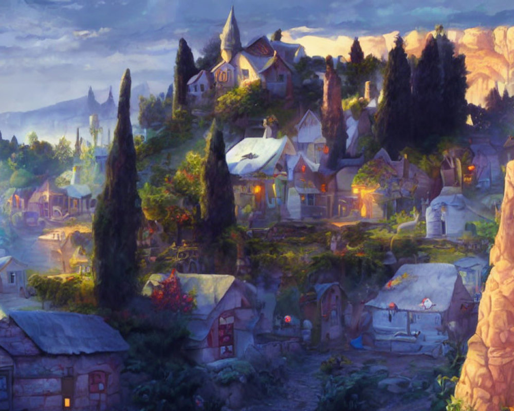 Picturesque village with cozy houses in lush greenery at sunset
