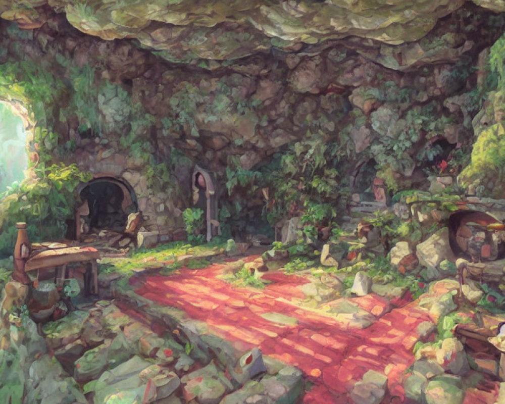 Spacious cavern with red brick floor, vegetation, rocks, arched doorway, window, and rustic