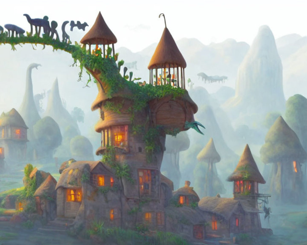 Illustration of Fairytale Village with Treehouse & Mushroom Houses