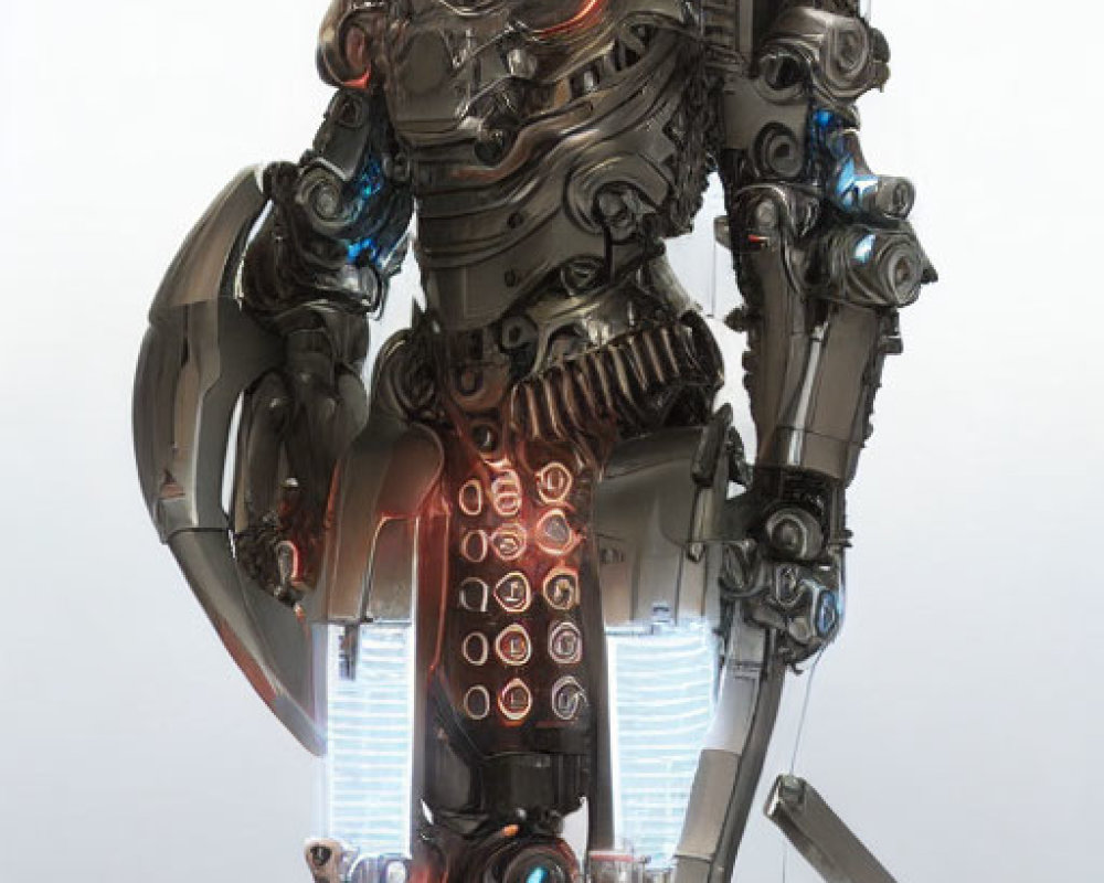 Futuristic humanoid robot with glowing blue elements and metallic armor