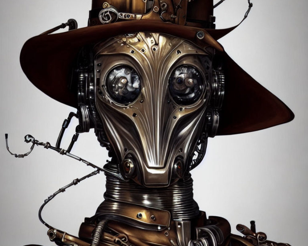 Steampunk-style robotic figure with metal plated face and top hat.