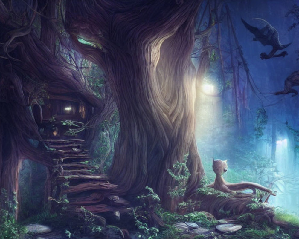 Ethereal forest scene with ancient trees, wooden staircase, and flying raven