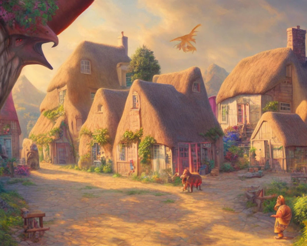 Thatched cottages and whimsical creatures in glowing sunset