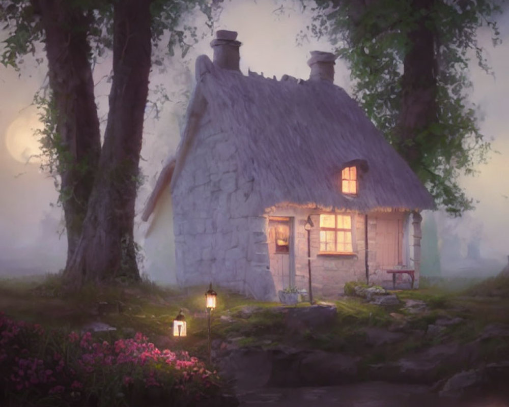 Stone cottage with thatched roof by tranquil stream at twilight surrounded by trees and blooming flowers.