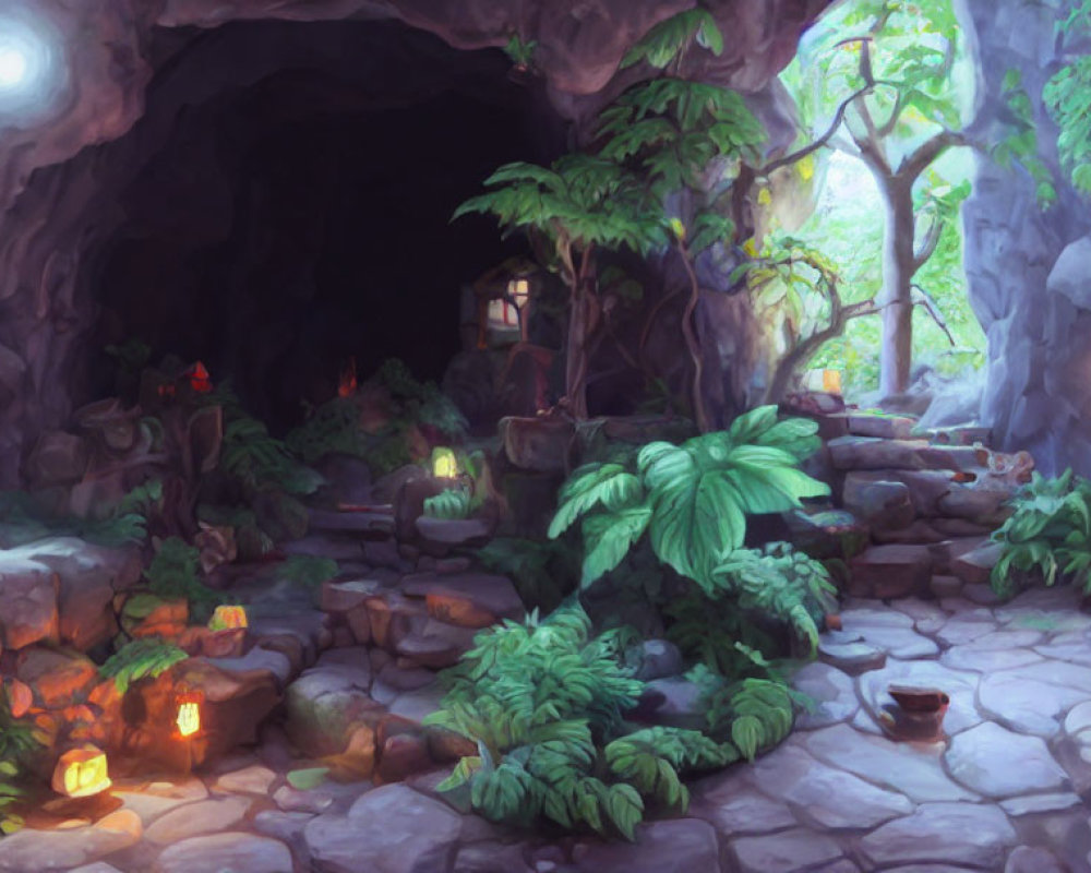 Mystical cave entrance with ambient candles and lush vegetation