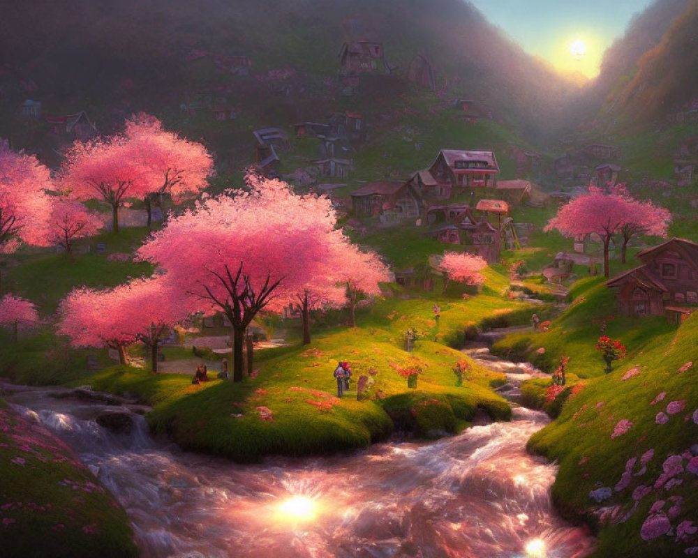 Scenic village with cherry blossoms, streams, and sunset glow