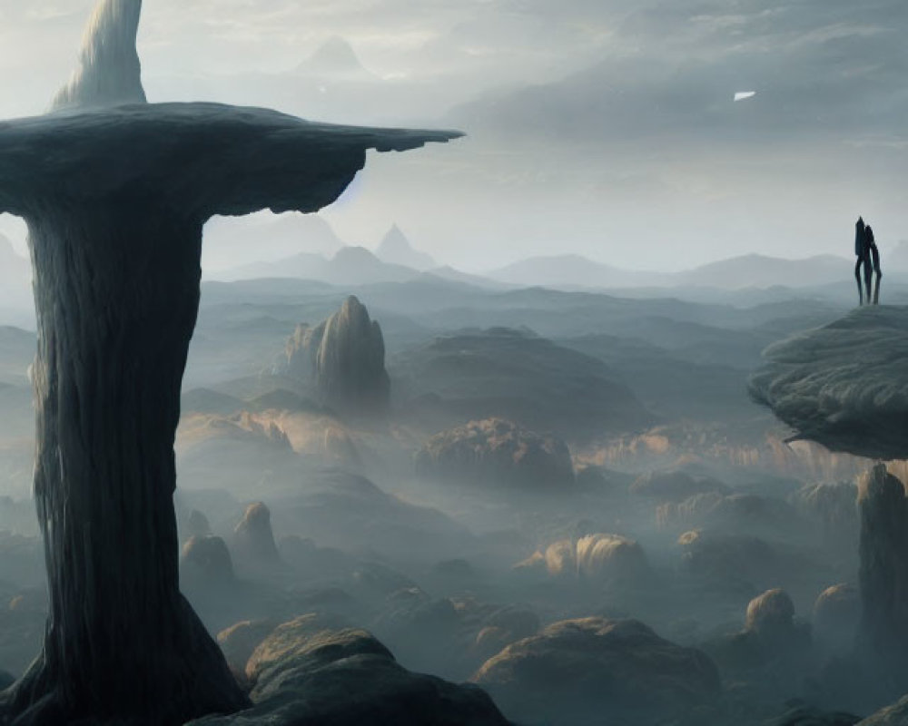 Solitary figure on floating rock plateau in misty alien landscape