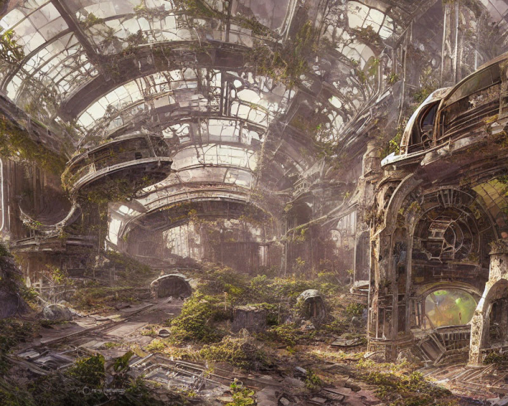 Abandoned greenhouse reclaimed by nature with overgrown greenery.