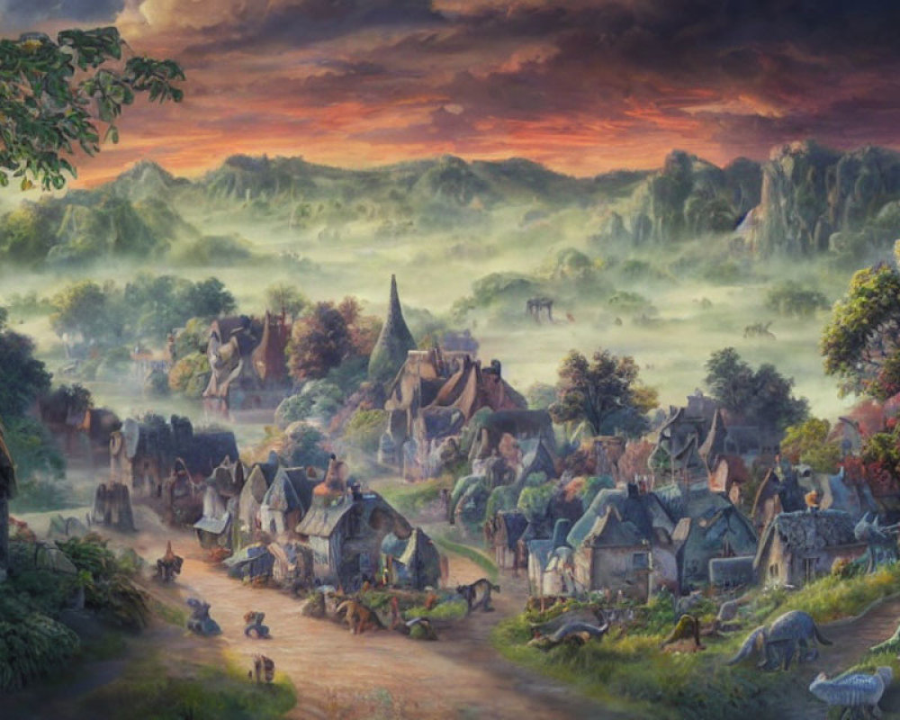 Fantastical dusk landscape with village houses and mythical creatures