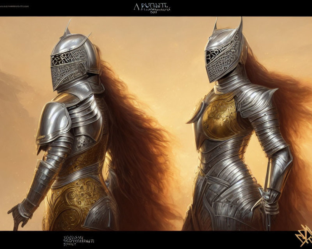 Two knights in ornate armor with capes in warm-toned backdrop