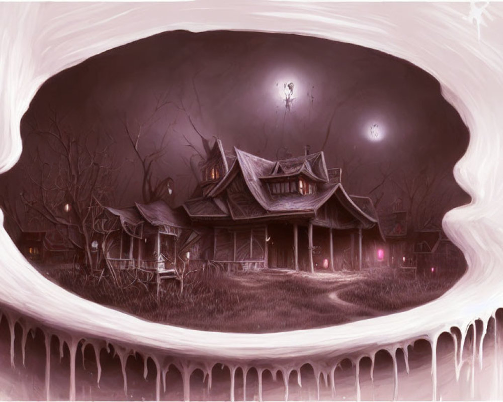 Monochromatic fantasy art: Ancient house in giant skull under dark sky