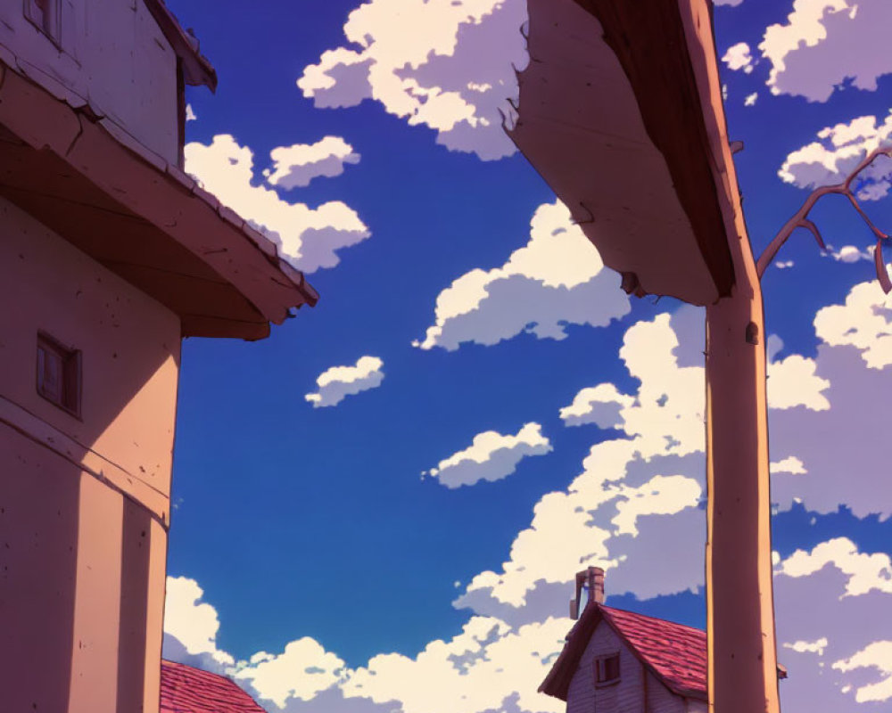 Tranquil anime scenery: clear blue sky, fluffy clouds, sunlit buildings.