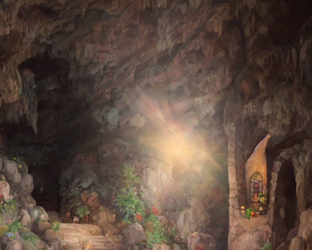 Sunlit Cave with Cozy Nook, Door, Window, and Plants