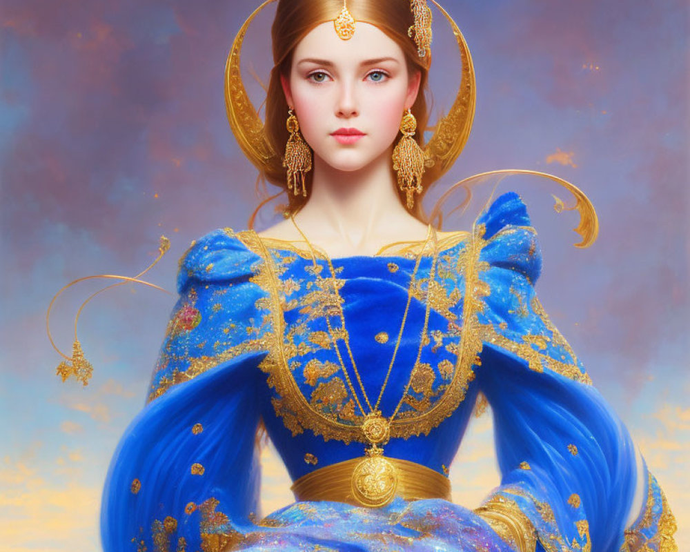 Regal woman in blue-gold dress with gold jewelry against cloud-filled sky.