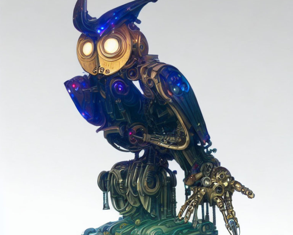 Mechanical owl art: bronze body, blue accents, steampunk style