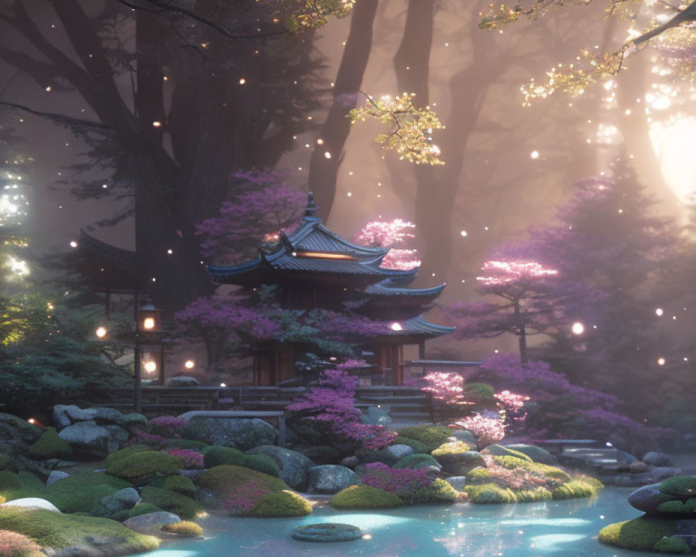 Traditional Japanese garden with pagoda, cherry blossoms, lanterns, and pond at dusk