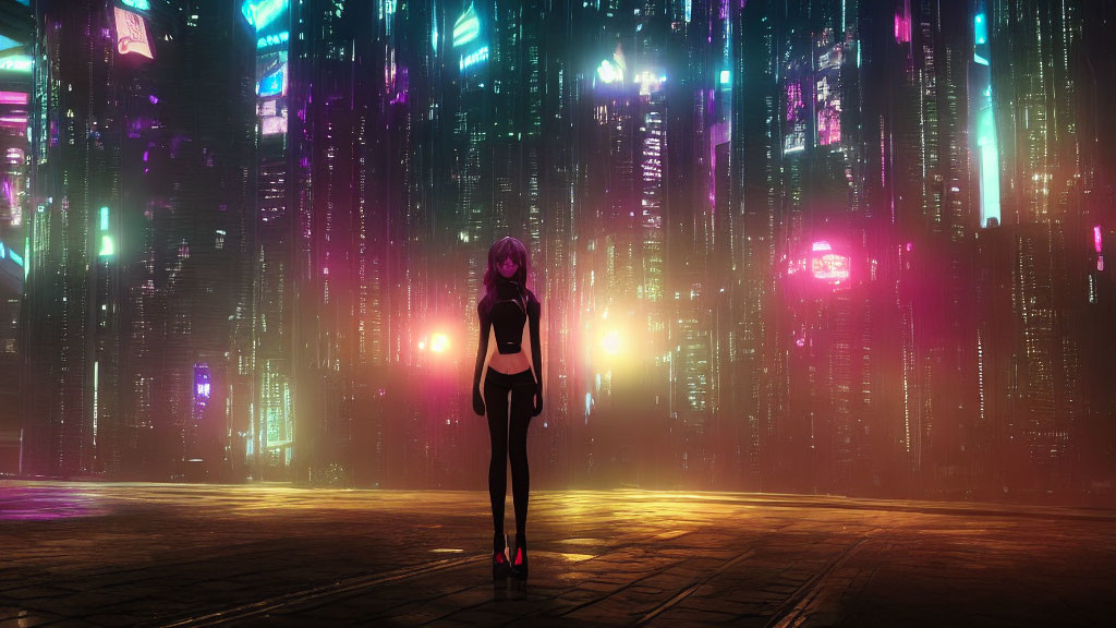 Futuristic night cityscape with female anime character