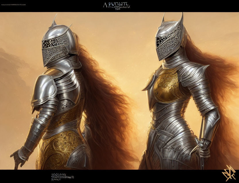 Two knights in ornate armor with capes in warm-toned backdrop