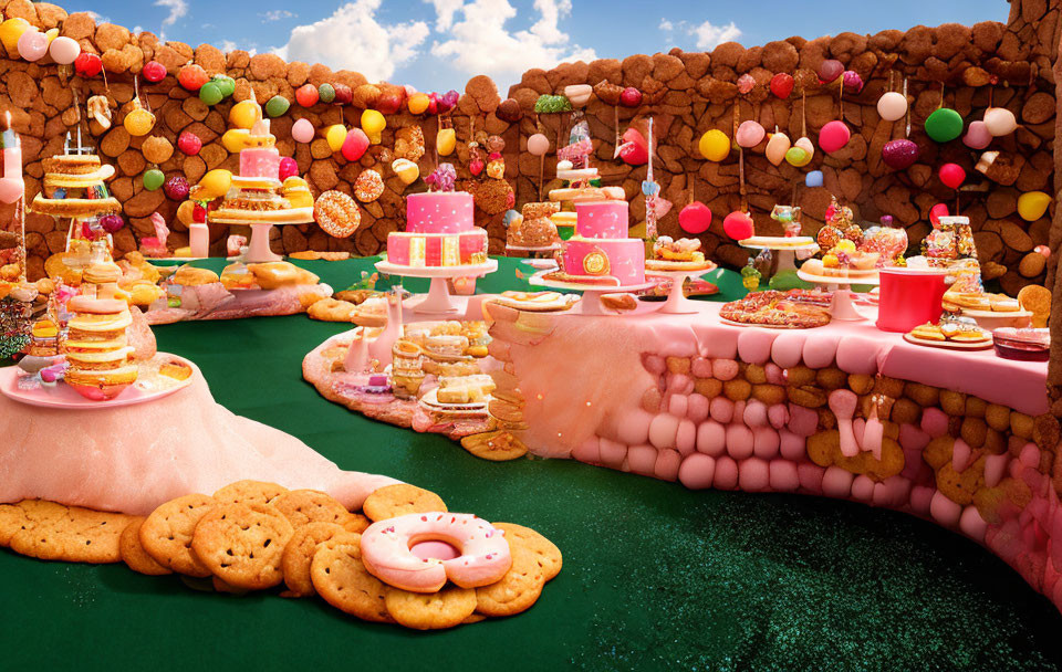 Fantastical landscape of sweets: cookie pathways, candy walls, cakes, and sugary green ground