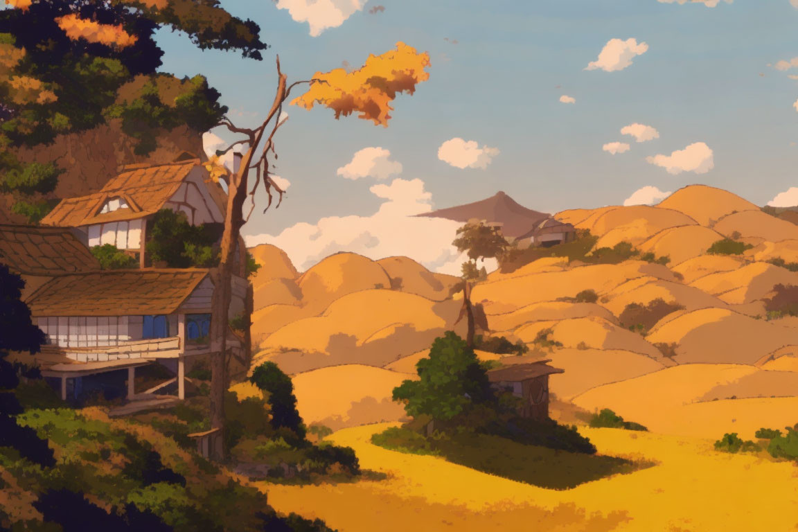 Tranquil animated landscape with traditional house, golden hills, trees, and distant pagoda