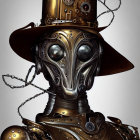 Steampunk-style robotic figure with metal plated face and top hat.