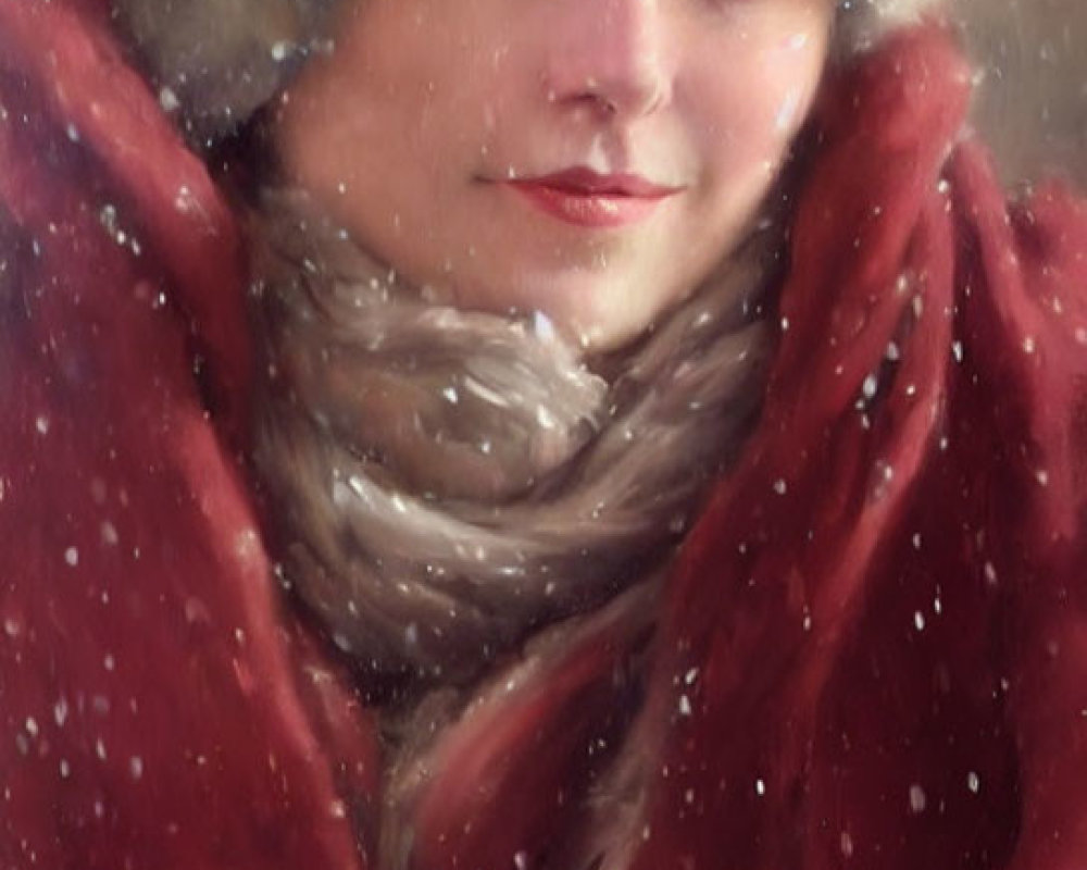 Person in Red Winter Coat with Fur-Trimmed Hat in Snowfall