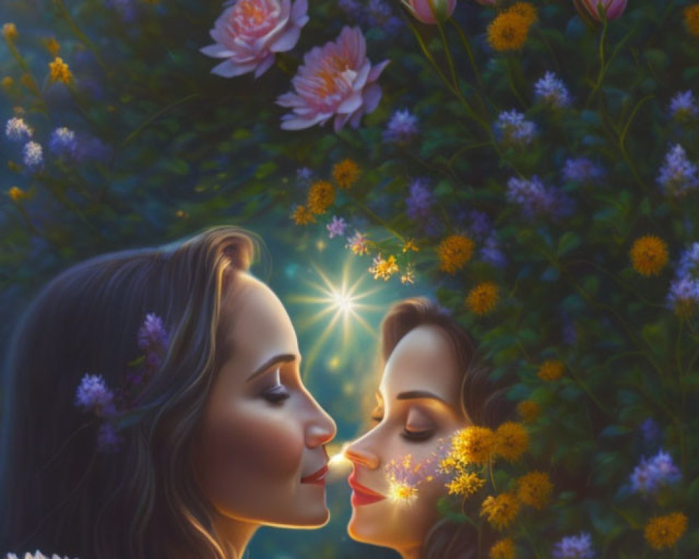 Digital painting of two women's profiles among vibrant flowers with glittering light.