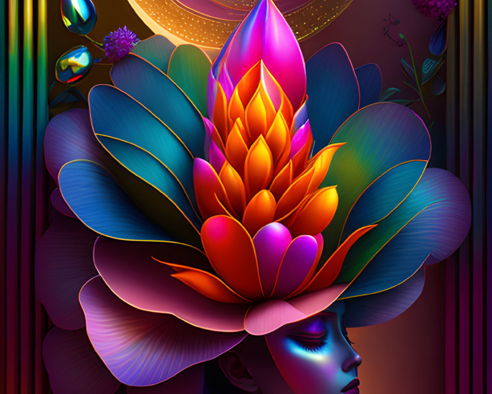 Colorful digital artwork: Woman with floral headdress in cosmic setting