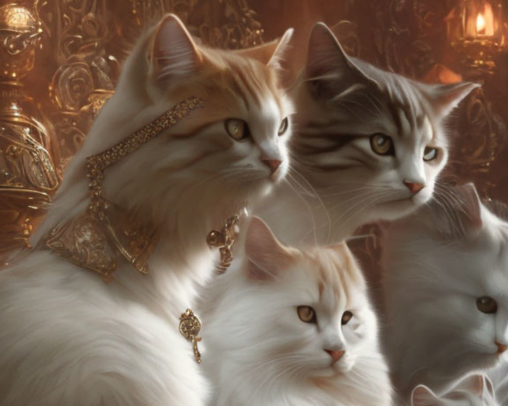 Luxurious white and light brown fur cats adorned with gold jewelry in opulent room