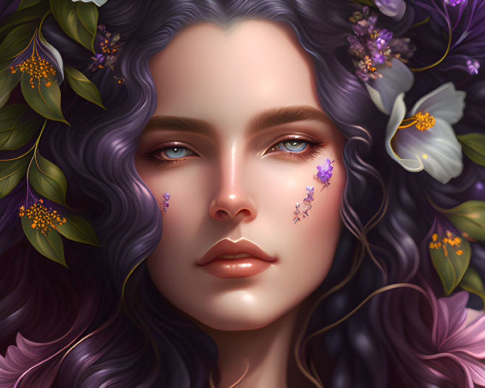 Woman with Purple Wavy Hair and Flower Crown Illustration