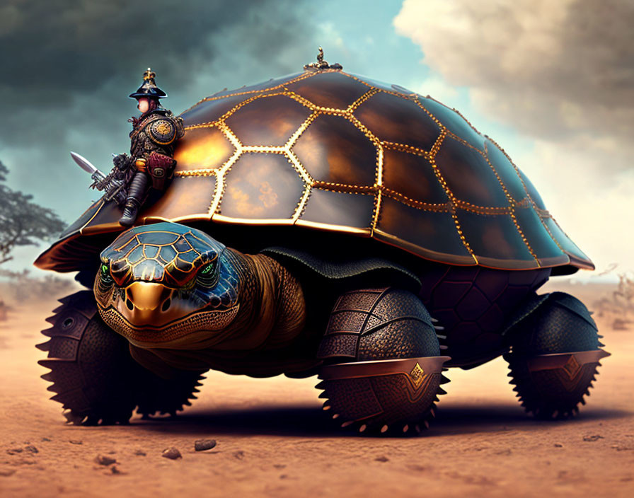 Knight riding armored giant tortoise in desert with intricate designs