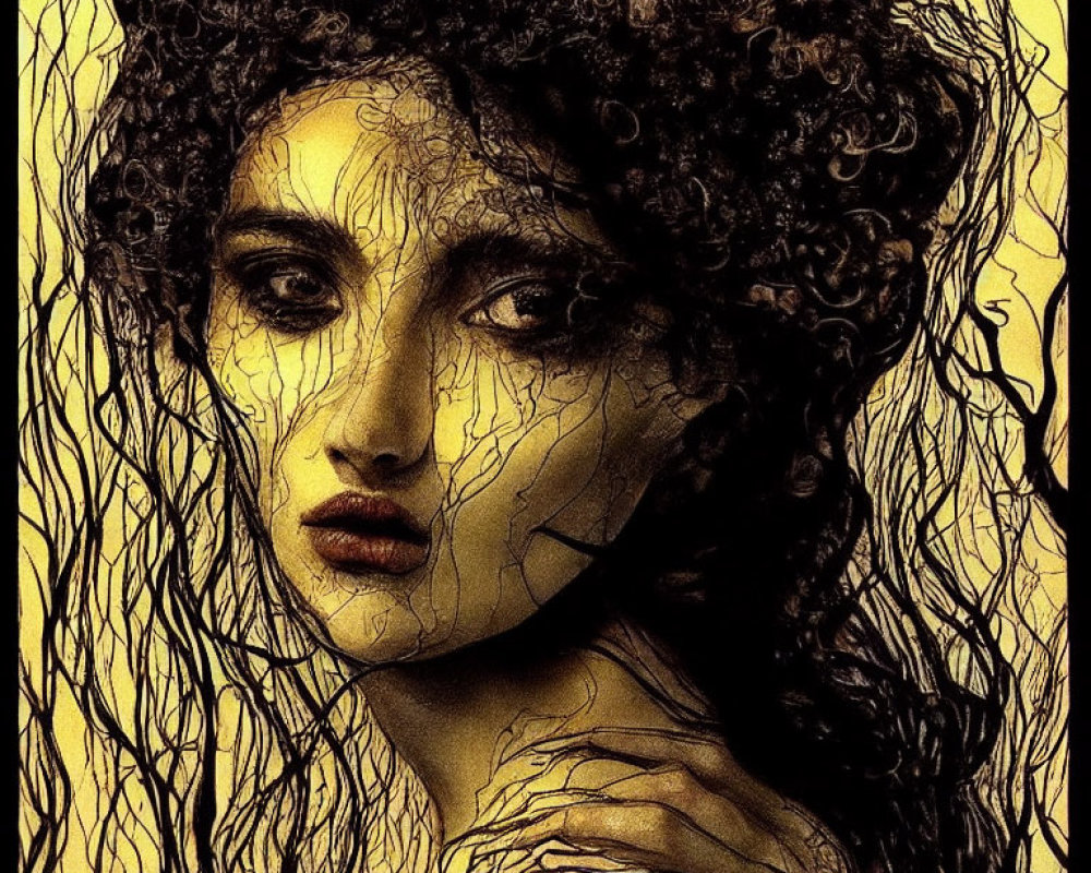 Detailed portrait of woman with curly hair and somber expression on yellow backdrop