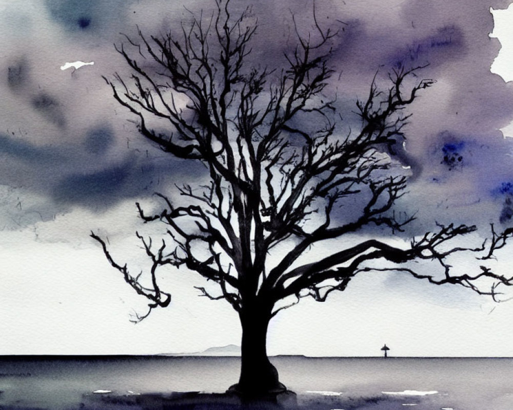 Watercolor painting of leafless tree in stormy sky with distant figure.