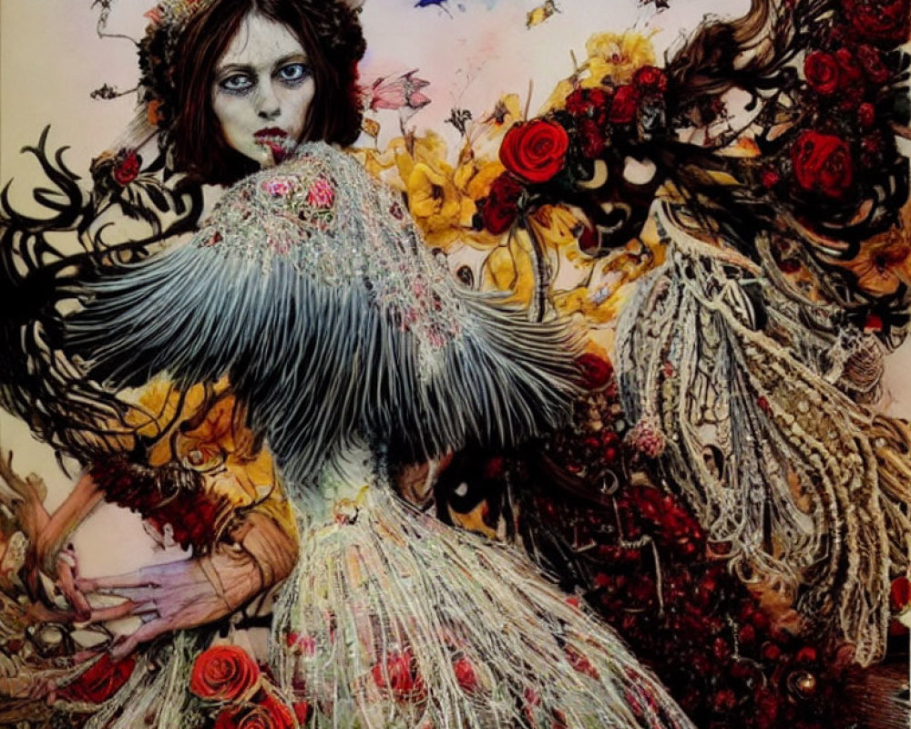 Detailed surreal portrait of woman in ornate gown amidst vibrant flowers