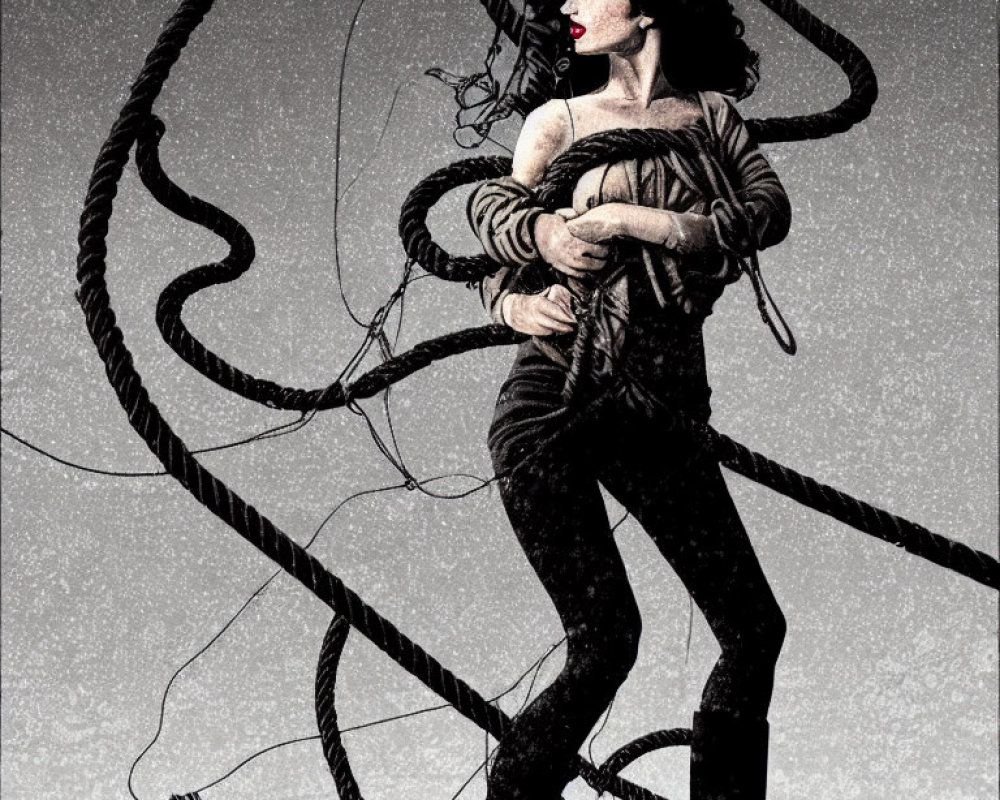 Monochrome image of woman entangled in thick cables