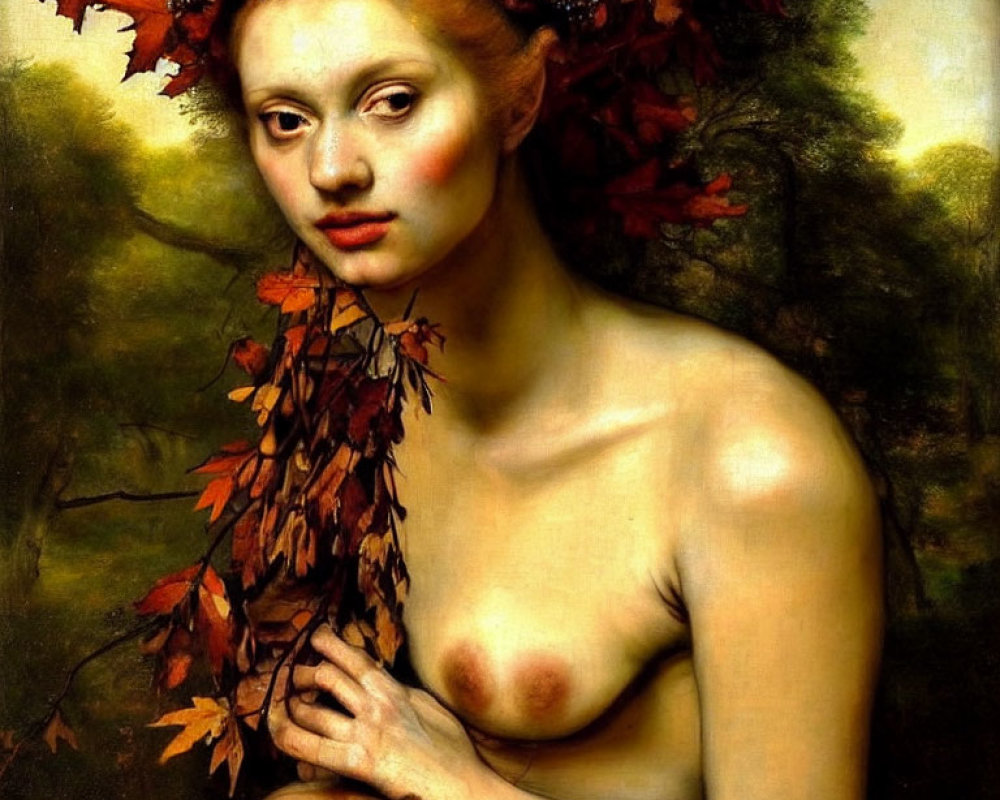 Portrait of Woman with Autumn Leaves in Hair, Contemplative Expression