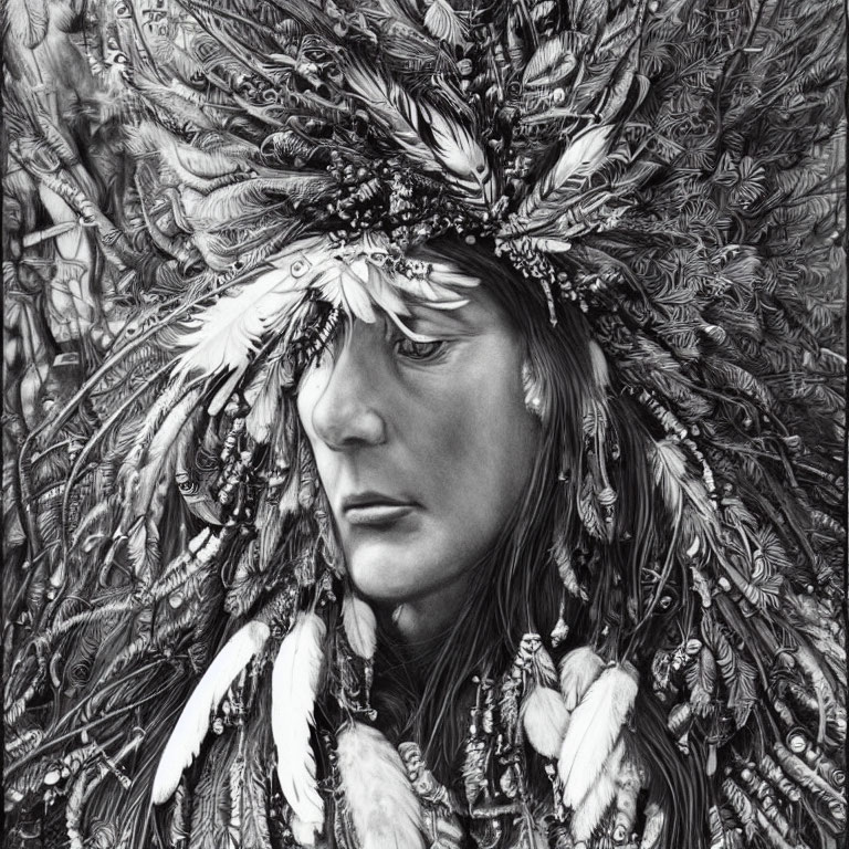 Detailed Black and White Sketch of Person in Native American Headdress