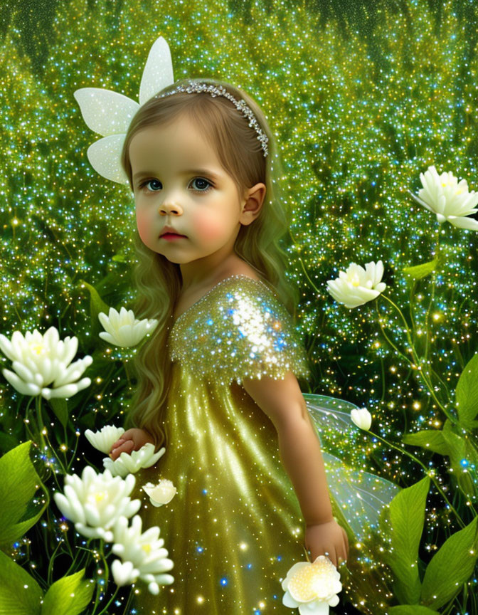 Digital art: Young girl with fairy wings in yellow dress among white flowers and green backdrop