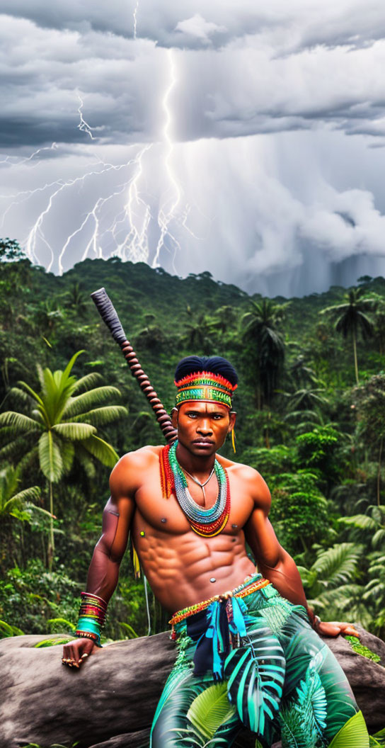 Person in traditional attire with headdress and face paint holding staff against stormy jungle backdrop