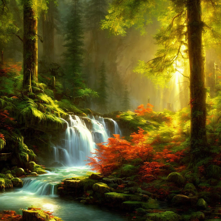 Tranquil forest landscape with waterfall and autumn foliage