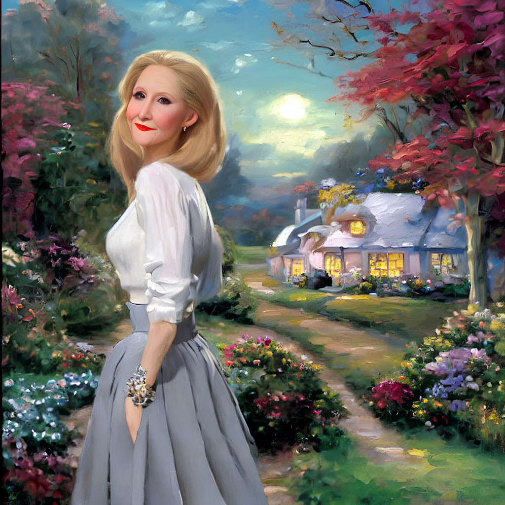Blond woman in white blouse and gray skirt in colorful garden at night