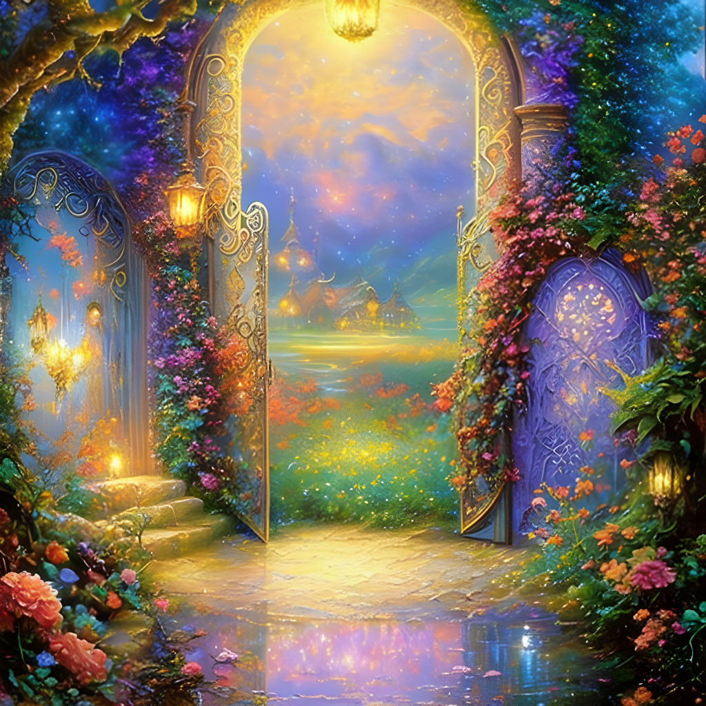 Fantastical landscape with open gate and luminous path to quaint houses
