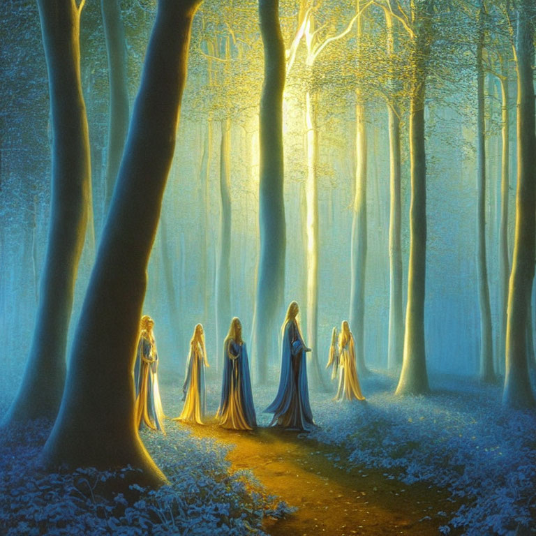 Ethereal figures in flowing robes wander through enchanted blue forest