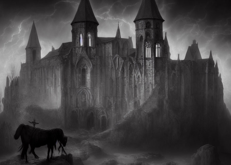 Knight facing gothic castle in stormy landscape
