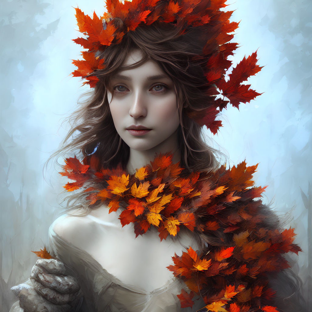 Woman with Red Autumn Leaf Wreath and White Dress Portrait