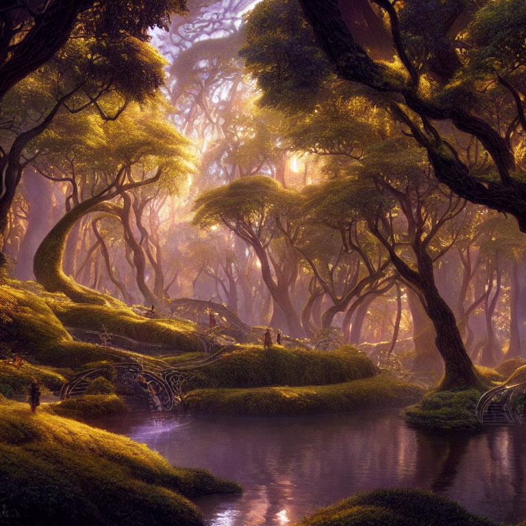 Enchanted forest scene with golden sunlight and serene river