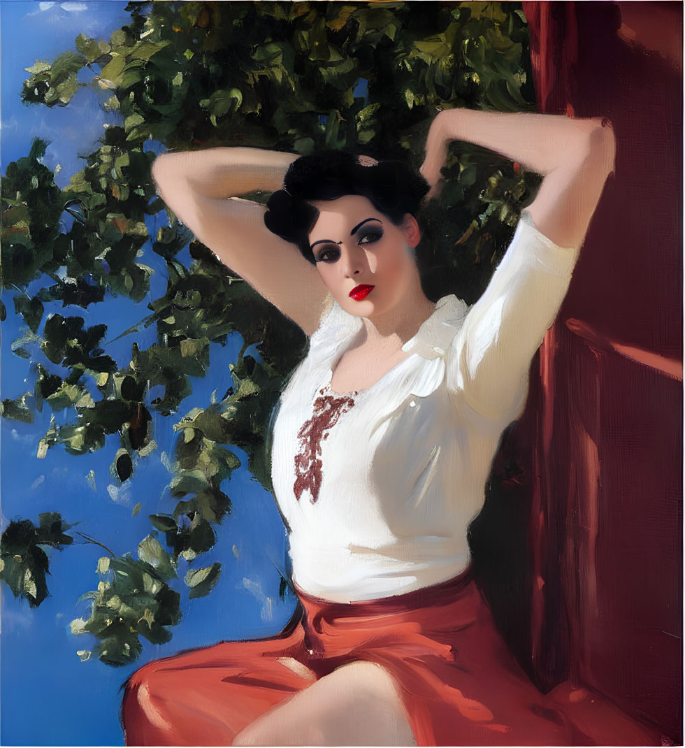 Portrait of woman with dark hair and red lipstick in white blouse and red skirt against red wall.