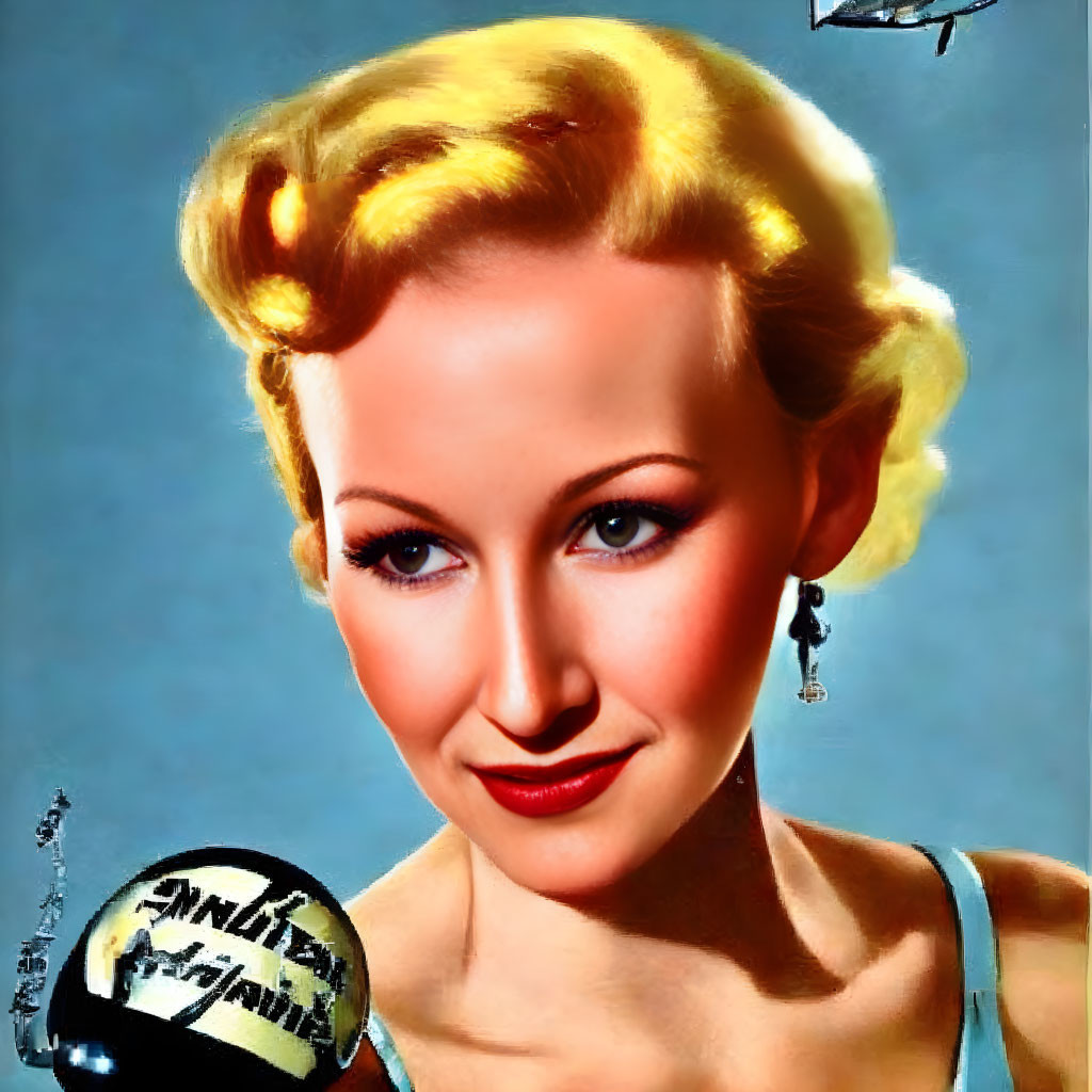 Blonde pin-curled woman with red lipstick and teardrop earring in vintage portrait